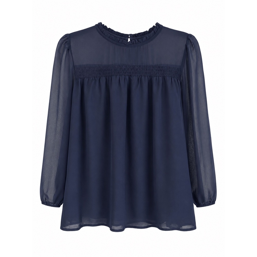 NWT Monteau Navy Blue Chiffon Tunic Blouse Medium Ruffle Neck Sheer